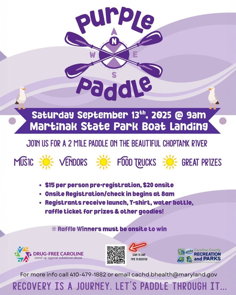 Purple Paddle on September 30 at 9 AM at Martinak State Park. Support Recovery. Preregistration encouraged:http://bit.ly/4llaqb7