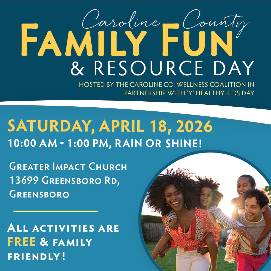 Caroline County Family Fun & Resources Day: Saturday, April 18, 2026 at the Greater Impact Church in Greensboro. Image of a young family having fun outdoors.