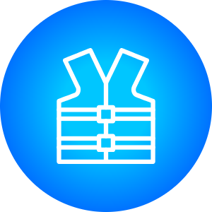 Graphic of a life vest against a blue circular background