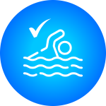 Graphic of a stick figure swimming and a check mark against a blue circular background