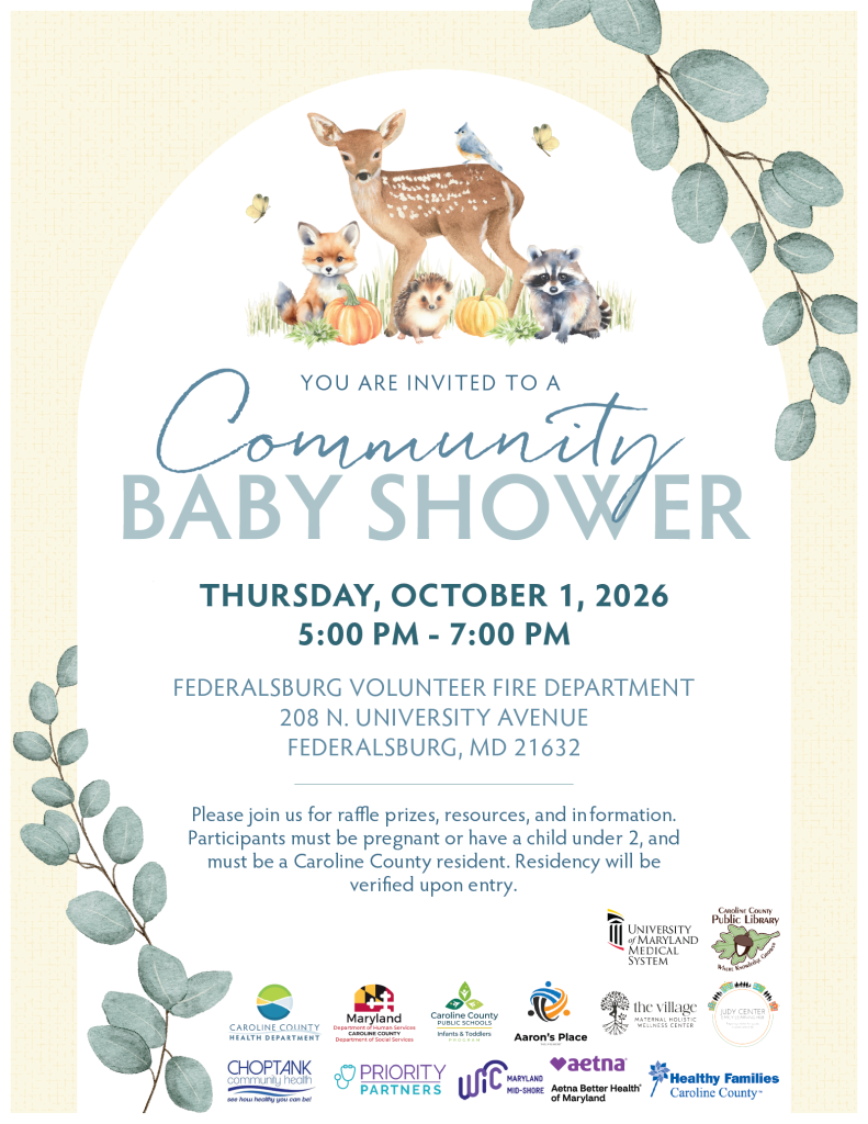 Community Baby Shower Event Flyer. Hosted by the Caroline County Health Department. Thursday, October 1, 2026. 5-7 PM.