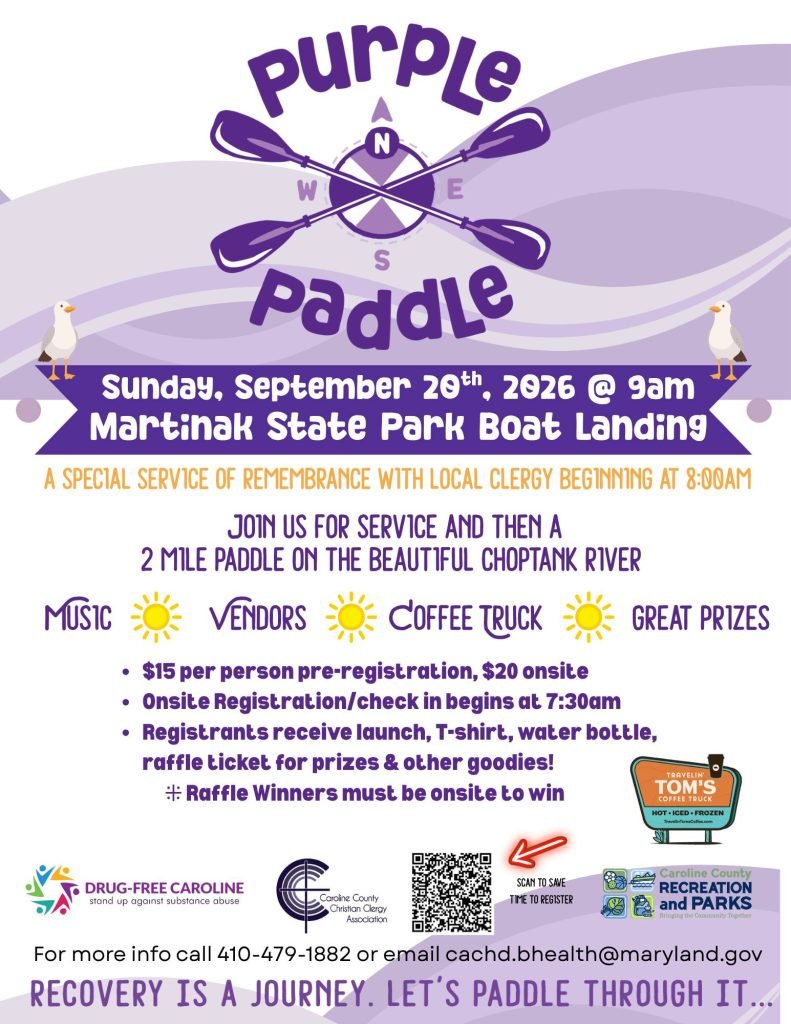 Purple Paddle event flyer. September 20, 2026 at Martinak State Park.